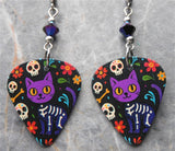 Skeletal Cartoon Cat Guitar Pick Earrings with Metallic Blue Swarovski Crystals