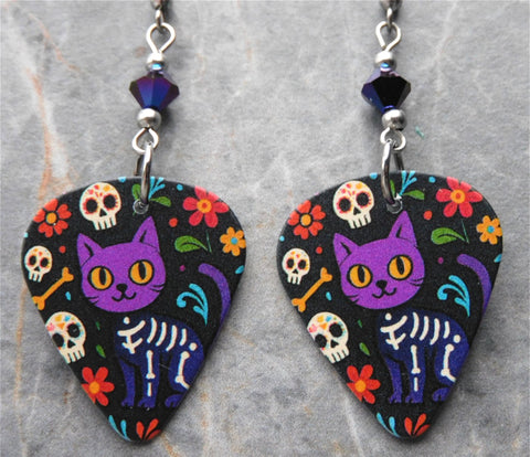 Skeletal Cartoon Cat Guitar Pick Earrings with Metallic Blue Swarovski Crystals