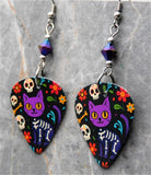 Skeletal Cartoon Cat Guitar Pick Earrings with Metallic Blue Swarovski Crystals