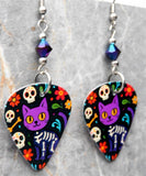 Skeletal Cartoon Cat Guitar Pick Earrings with Metallic Blue Swarovski Crystals