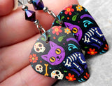 Skeletal Cartoon Cat Guitar Pick Earrings with Metallic Blue Swarovski Crystals