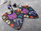 Skeletal Cartoon Cat Guitar Pick Earrings with Metallic Blue Swarovski Crystals