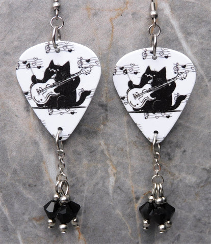 Guitar Playing Black Cat With Some Sheet Music Guitar Pick Earrings with Black Swarovski Crystal Dangles
