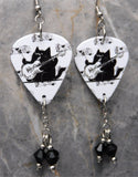 Guitar Playing Black Cat With Some Sheet Music Guitar Pick Earrings with Black Swarovski Crystal Dangles