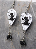 Guitar Playing Black Cat With Some Sheet Music Guitar Pick Earrings with Black Swarovski Crystal Dangles