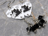 Guitar Playing Black Cat With Some Sheet Music Guitar Pick Earrings with Black Swarovski Crystal Dangles