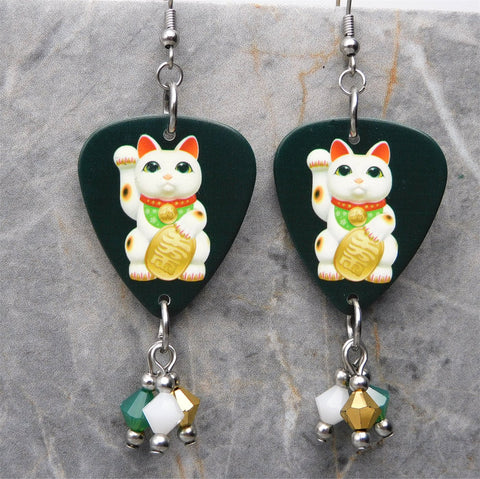 Lucky Cat Guitar Pick Earrings with Swarovski Crystal Dangles