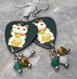 Lucky Cat Guitar Pick Earrings with Swarovski Crystal Dangles