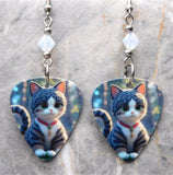 Tabby Tuxedo Cat With Red Collar Guitar Pick Earrings with White Opal Swarovski Crystals