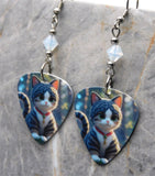Tabby Tuxedo Cat With Red Collar Guitar Pick Earrings with White Opal Swarovski Crystals