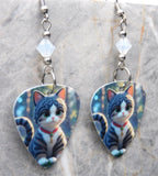 Tabby Tuxedo Cat With Red Collar Guitar Pick Earrings with White Opal Swarovski Crystals