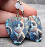 Tabby Tuxedo Cat With Red Collar Guitar Pick Earrings with White Opal Swarovski Crystals