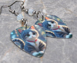 Tabby Tuxedo Cat With Red Collar Guitar Pick Earrings with White Opal Swarovski Crystals