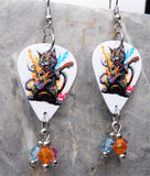 Black Cat Playing Electric Guitar Color Splat Guitar Pick Earrings with Swarovski Crystal Dangles