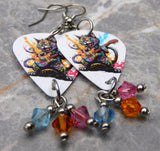 Black Cat Playing Electric Guitar Color Splat Guitar Pick Earrings with Swarovski Crystal Dangles