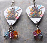 Black Cat Playing Electric Guitar Color Splat Guitar Pick Earrings with Swarovski Crystal Dangles