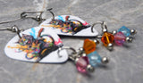 Black Cat Playing Electric Guitar Color Splat Guitar Pick Earrings with Swarovski Crystal Dangles