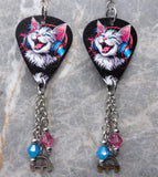 Cat with Headphones Guitar Pick Earrings with Stainless Steel Headphone Charms and Swarovski Crystal Dangles