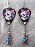 Cat with Headphones Guitar Pick Earrings with Stainless Steel Headphone Charms and Swarovski Crystal Dangles