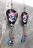 Cat with Headphones Guitar Pick Earrings with Stainless Steel Headphone Charms and Swarovski Crystal Dangles