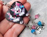 Cat with Headphones Guitar Pick Earrings with Stainless Steel Headphone Charms and Swarovski Crystal Dangles