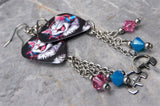 Cat with Headphones Guitar Pick Earrings with Stainless Steel Headphone Charms and Swarovski Crystal Dangles
