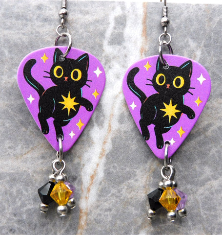 Black Cat with Tings and Bling Guitar Pick Earrings with Swarovski Crystal Dangles