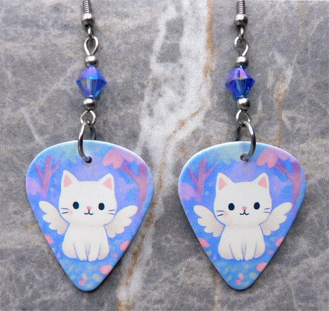Winged White Cat Guitar Pick Earrings with Sapphire Shimmer Swarovski Crystals