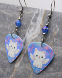 Winged White Cat Guitar Pick Earrings with Sapphire Shimmer Swarovski Crystals