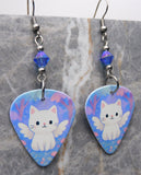 Winged White Cat Guitar Pick Earrings with Sapphire Shimmer Swarovski Crystals