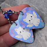 Winged White Cat Guitar Pick Earrings with Sapphire Shimmer Swarovski Crystals
