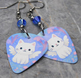 Winged White Cat Guitar Pick Earrings with Sapphire Shimmer Swarovski Crystals