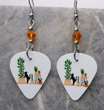 Black Cat with Cactus and Other Houseplants Guitar Pick Earrings with Orange Swarovski Crystals
