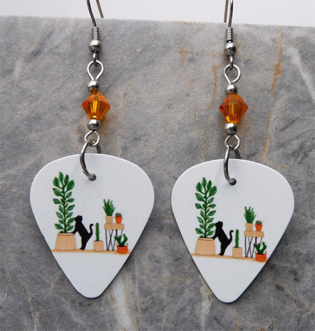 Black Cat with Cactus and Other Houseplants Guitar Pick Earrings with Orange Swarovski Crystals