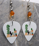 Black Cat with Cactus and Other Houseplants Guitar Pick Earrings with Orange Swarovski Crystals