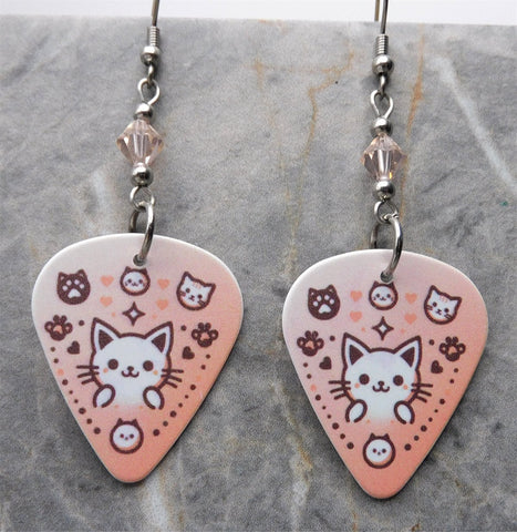 Kitty Faces Guitar Pick Earrings with Peach Swarovski Crystals