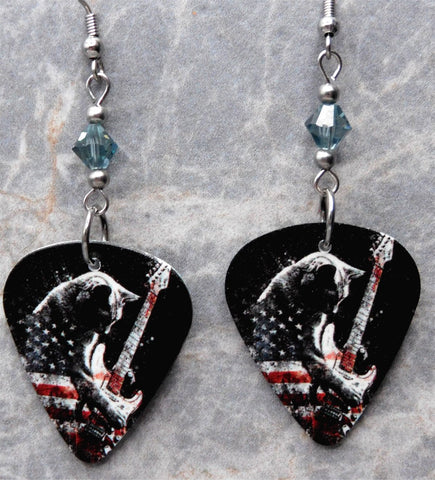 American Flag Kitty Guitar Pick Earrings with Blue Swarovski Crystals
