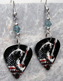 American Flag Kitty Guitar Pick Earrings with Blue Swarovski Crystals