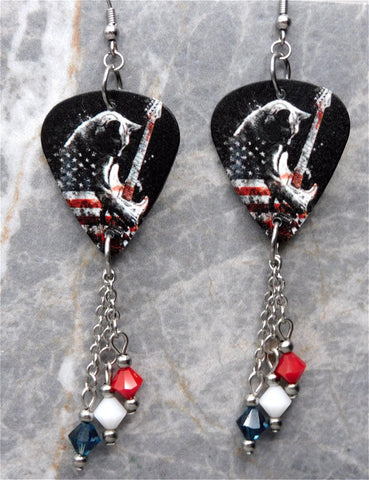 American Flag Kitty Guitar Pick Earrings with Swarovski Crystals Dangles