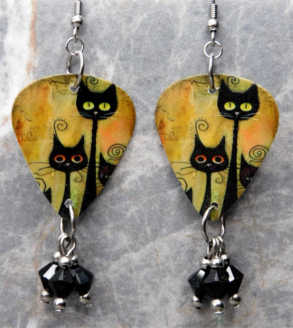 Stylistic Black Cats Guitar Pick Earrings with Black Swarovski Crystal Dangles