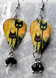 Stylistic Black Cats Guitar Pick Earrings with Black Swarovski Crystal Dangles