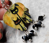 Stylistic Black Cats Guitar Pick Earrings with Black Swarovski Crystal Dangles