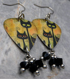 Stylistic Black Cats Guitar Pick Earrings with Black Swarovski Crystal Dangles
