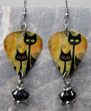 Stylistic Black Cats Guitar Pick Earrings with Black Swarovski Crystal Dangles