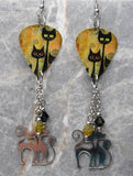 Stylized Black Cats Guitar Pick Earrings with Stainless Steel Cat Charm and Swarovski Crystal Dangles