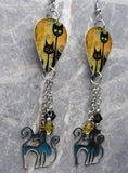 Stylized Black Cats Guitar Pick Earrings with Stainless Steel Cat Charm and Swarovski Crystal Dangles