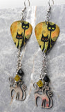 Stylized Black Cats Guitar Pick Earrings with Stainless Steel Cat Charm and Swarovski Crystal Dangles