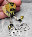 Stylized Black Cats Guitar Pick Earrings with Stainless Steel Cat Charm and Swarovski Crystal Dangles