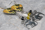 Stylized Black Cats Guitar Pick Earrings with Stainless Steel Cat Charm and Swarovski Crystal Dangles