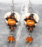 Grumpy Orange Halloween Cat Guitar Pick Earrings with Orange Swarovski Crystal Dangles
